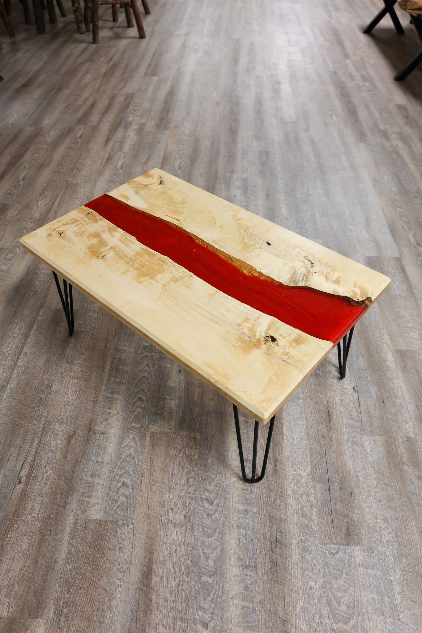 Maple Table with Red Resin River and Hair Pin Legs - #91