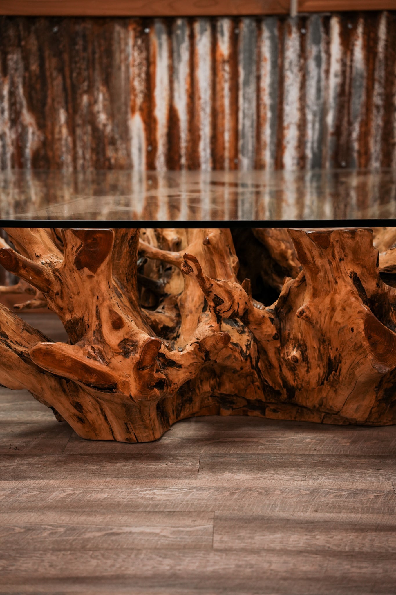 Teak Root Table With Glass Top