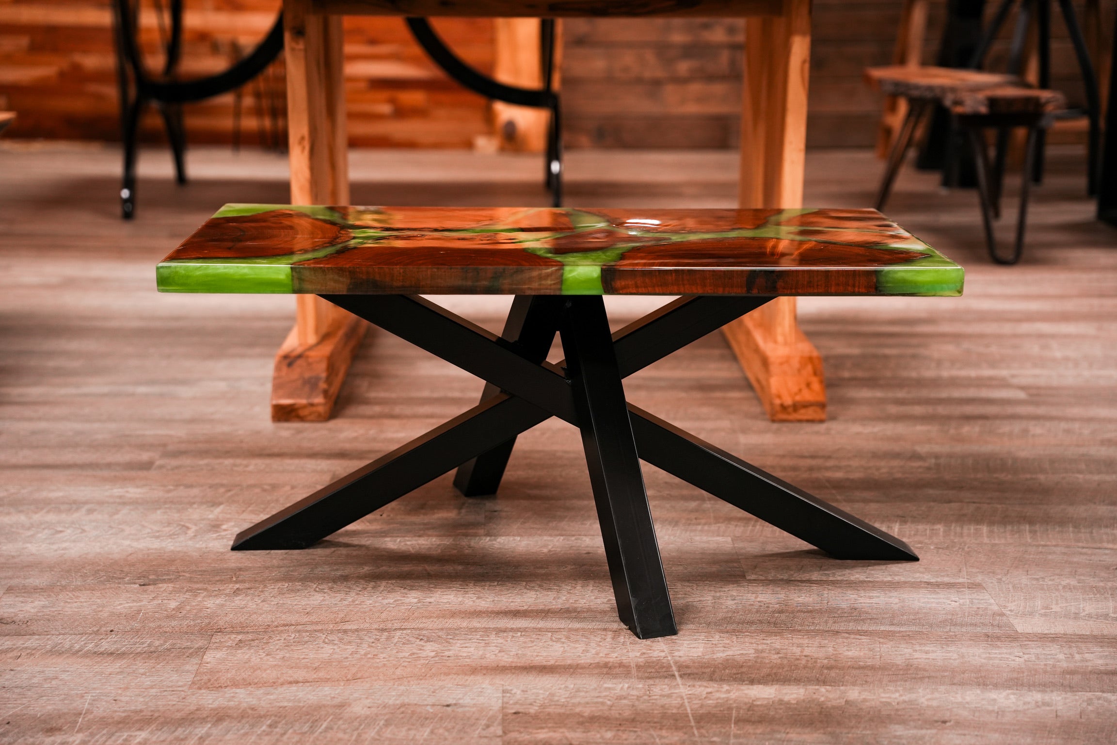 Green Wildwood Coffee Table with Black Criss Cross Legs – Tin Roof