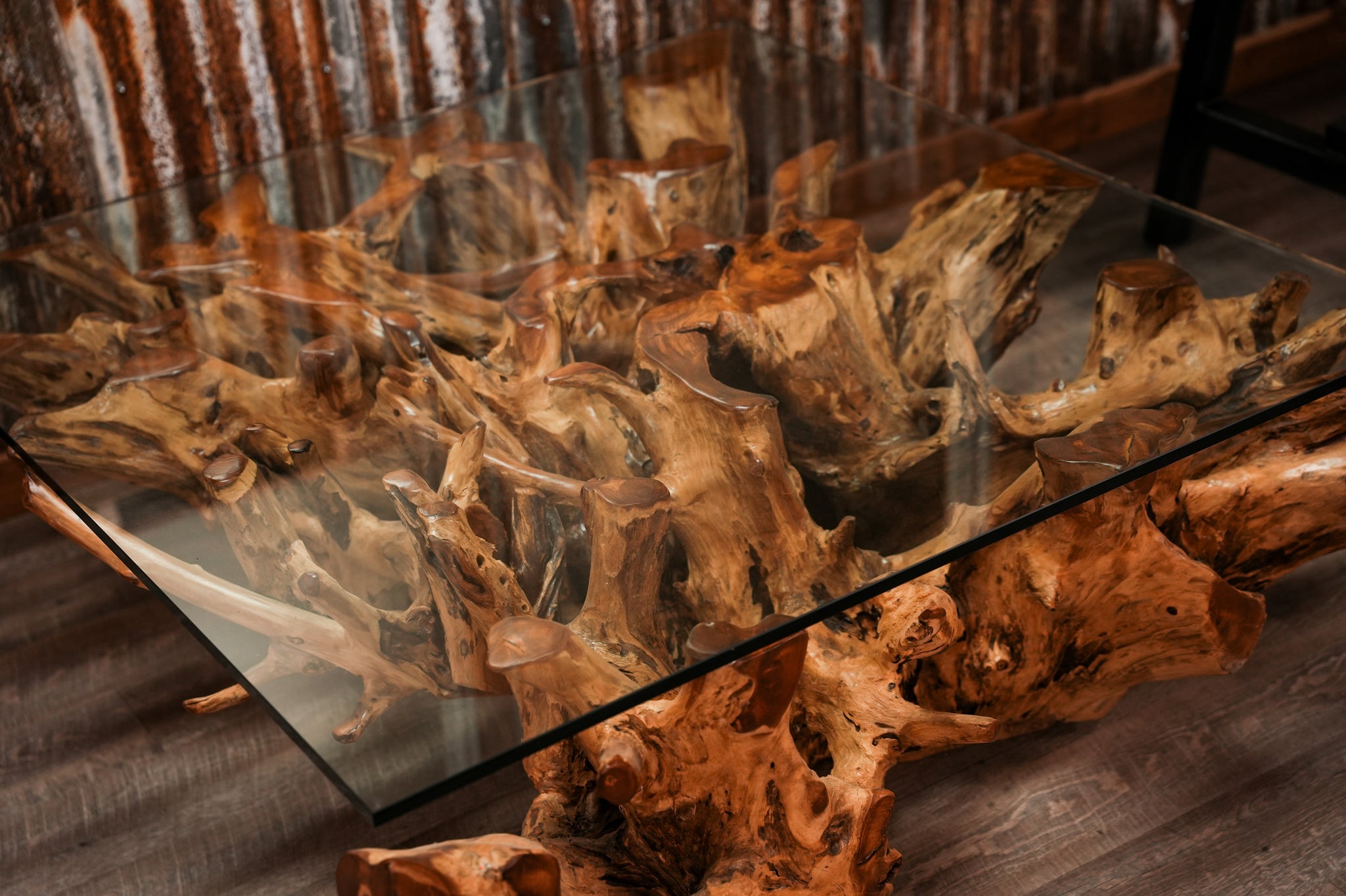Teak Root Table With Glass Top