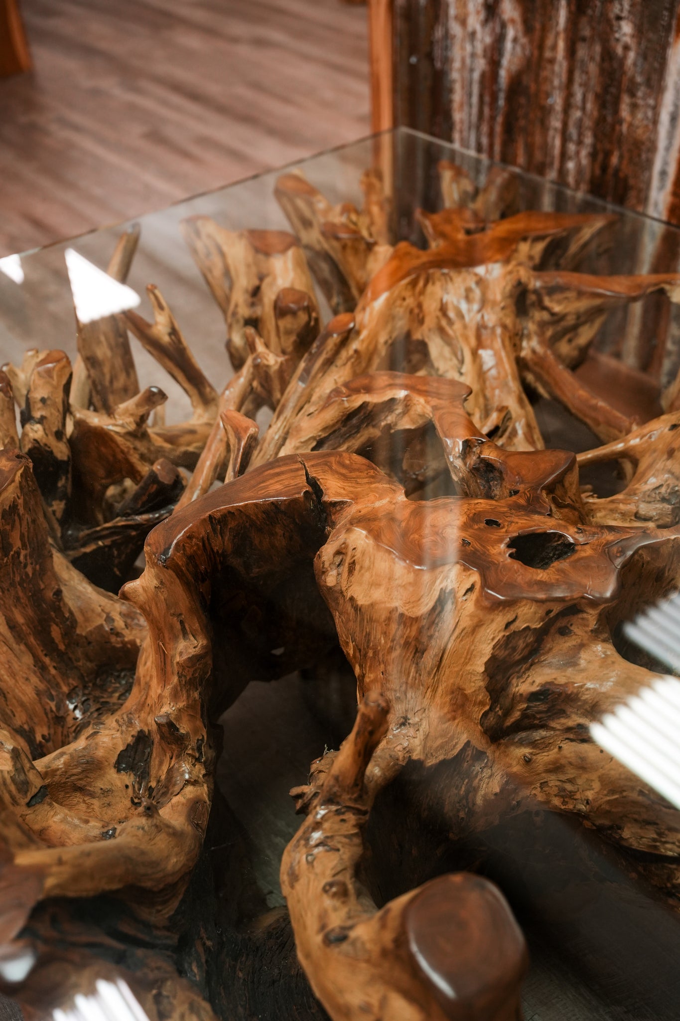 Teak Root Table With Glass Top