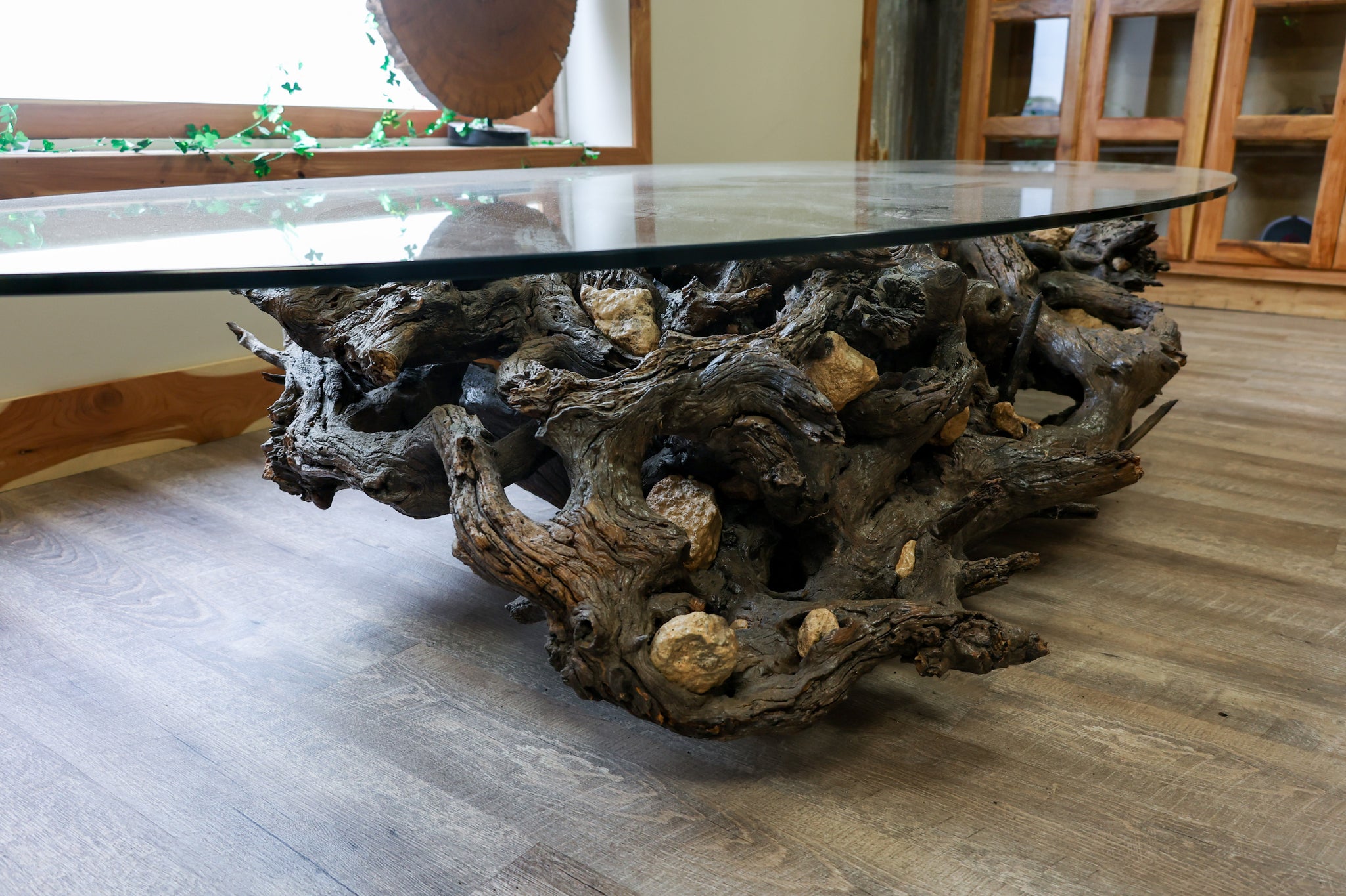 Glass Oval Coffee Table with Root Base and Embedded Rocks - #72