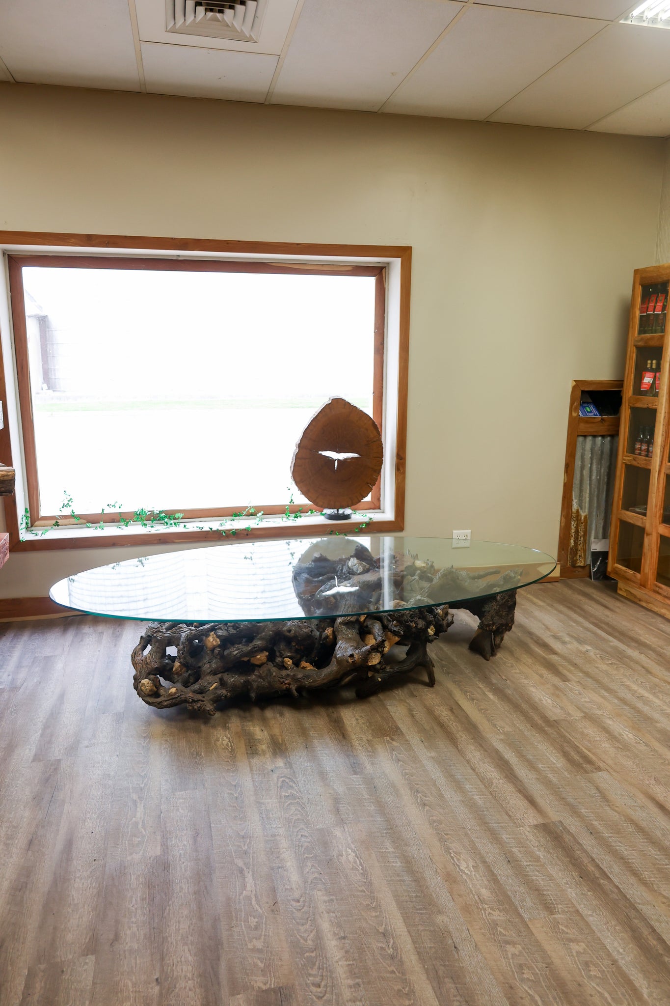 Glass Oval Coffee Table with Root Base and Embedded Rocks - #72