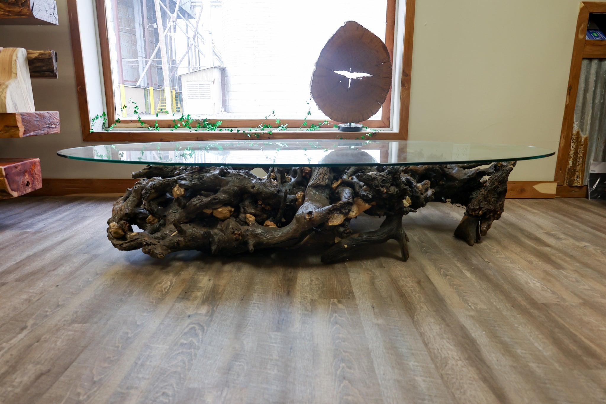 Glass Oval Coffee Table with Root Base and Embedded Rocks - #72