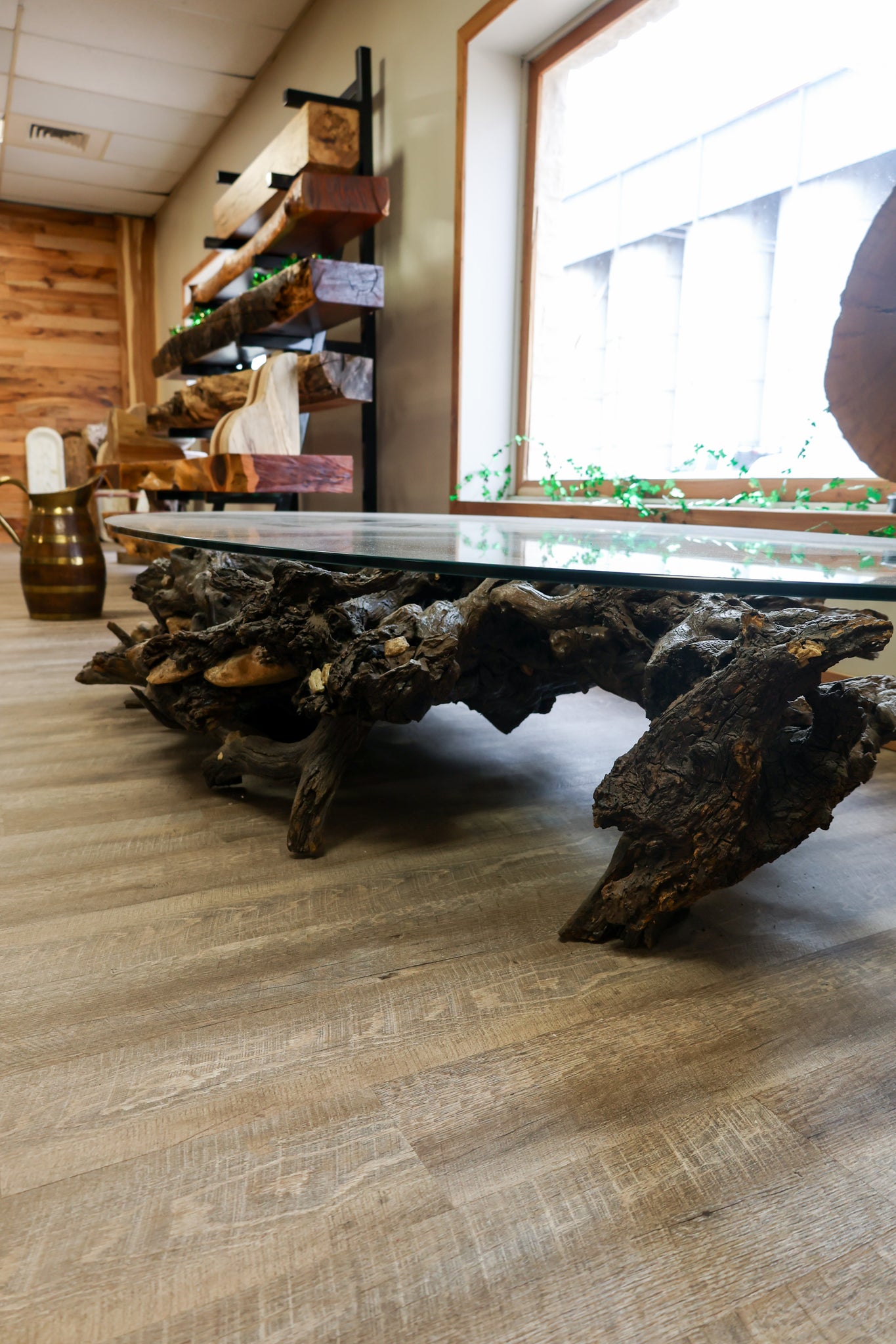 Glass Oval Coffee Table with Root Base and Embedded Rocks - #72