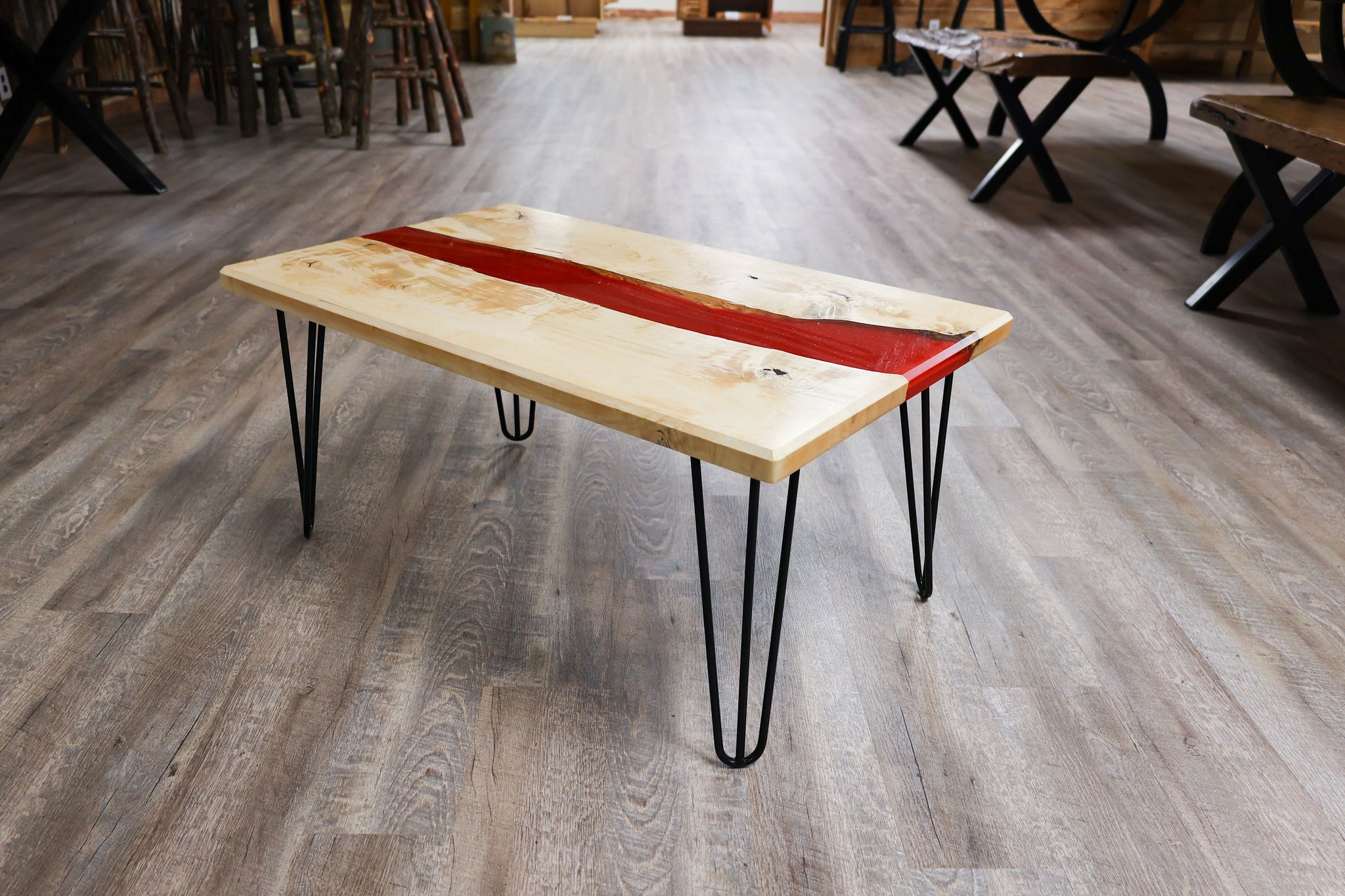 Maple Table with Red Resin River and Hair Pin Legs - #91