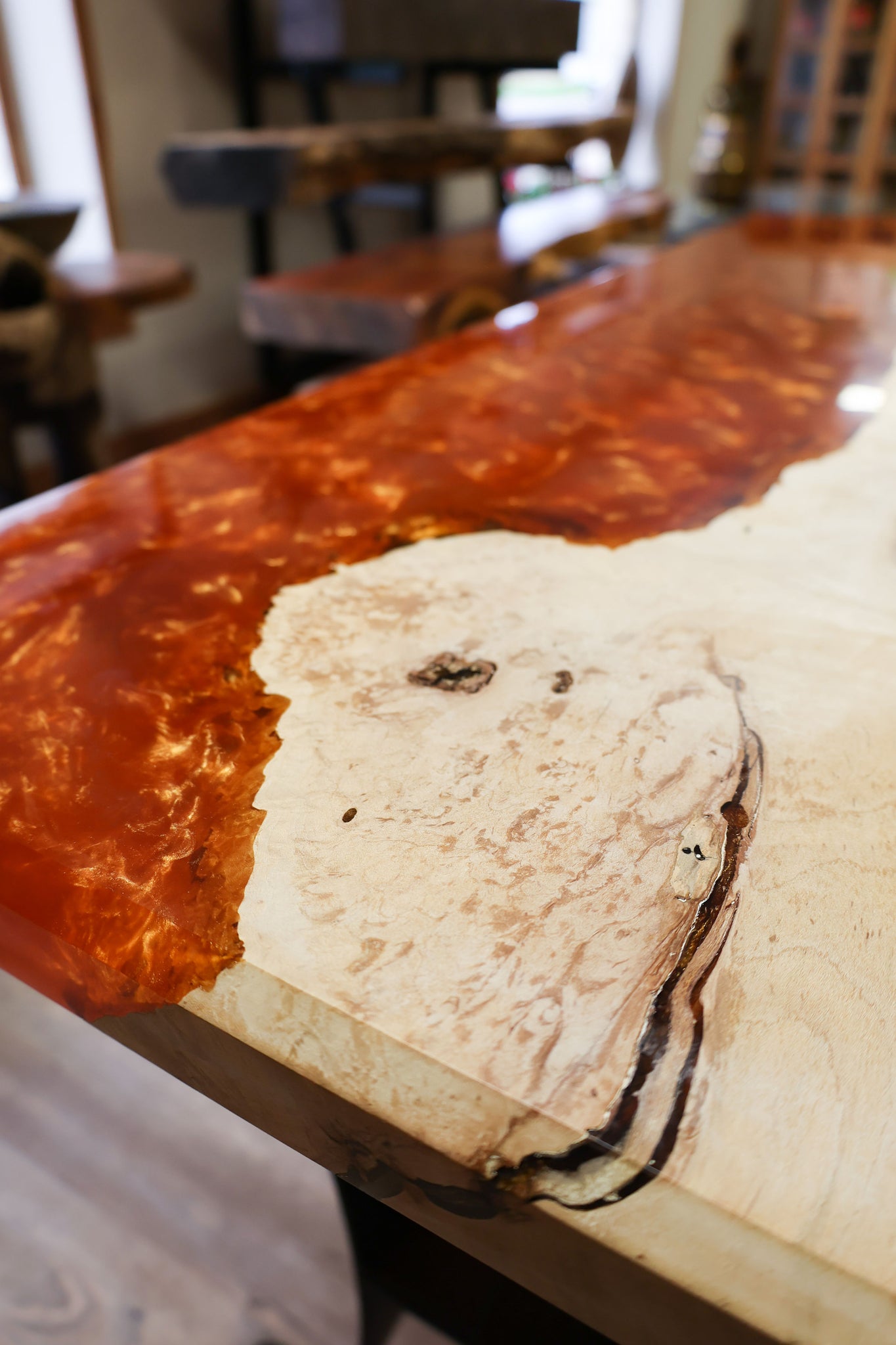 Maple/Epoxy (Orange)Table with Rolled Black Flat Bar Base with shelf- Island - #87