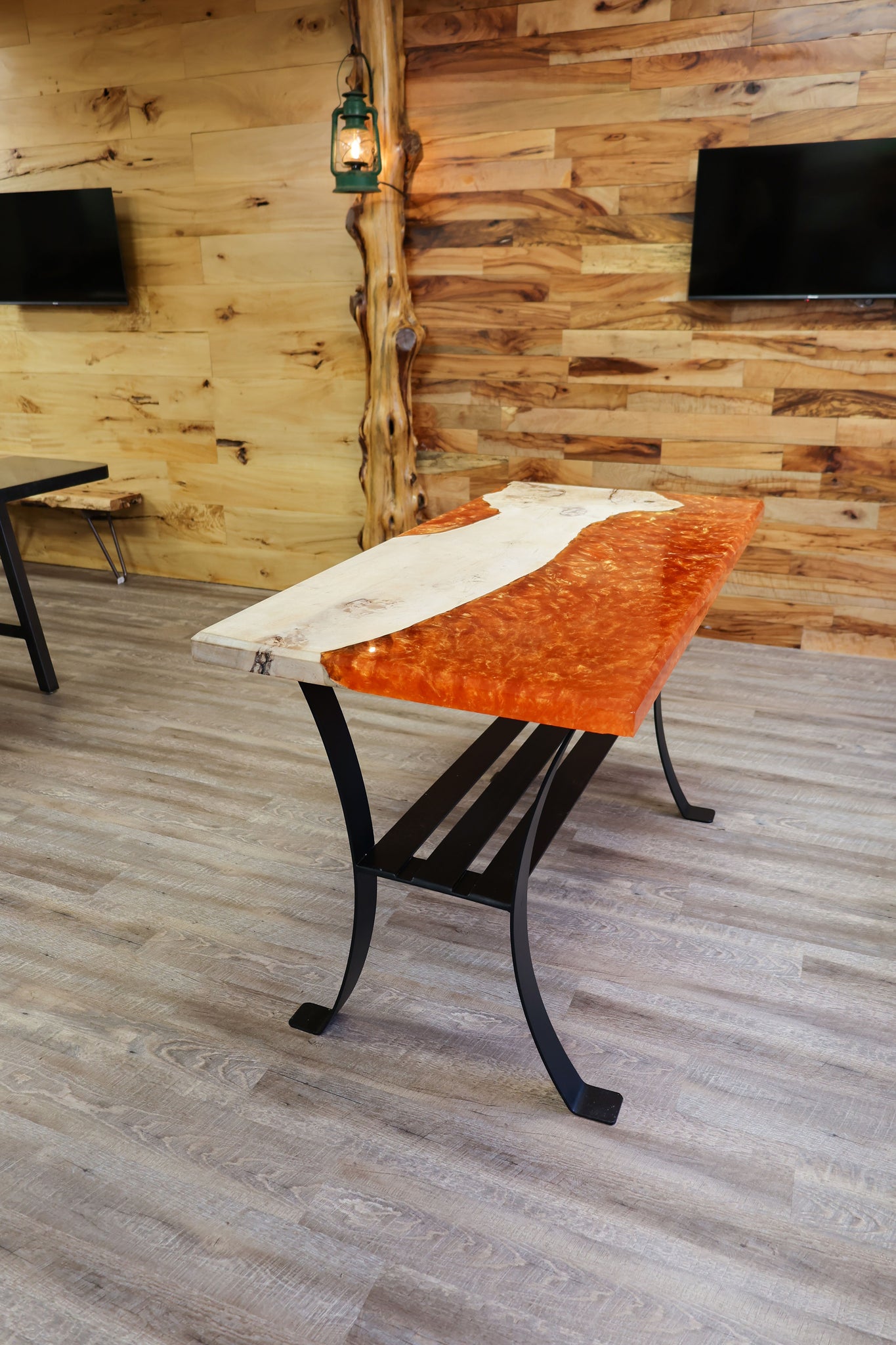 Maple/Epoxy (Orange)Table with Rolled Black Flat Bar Base with shelf- Island - #87