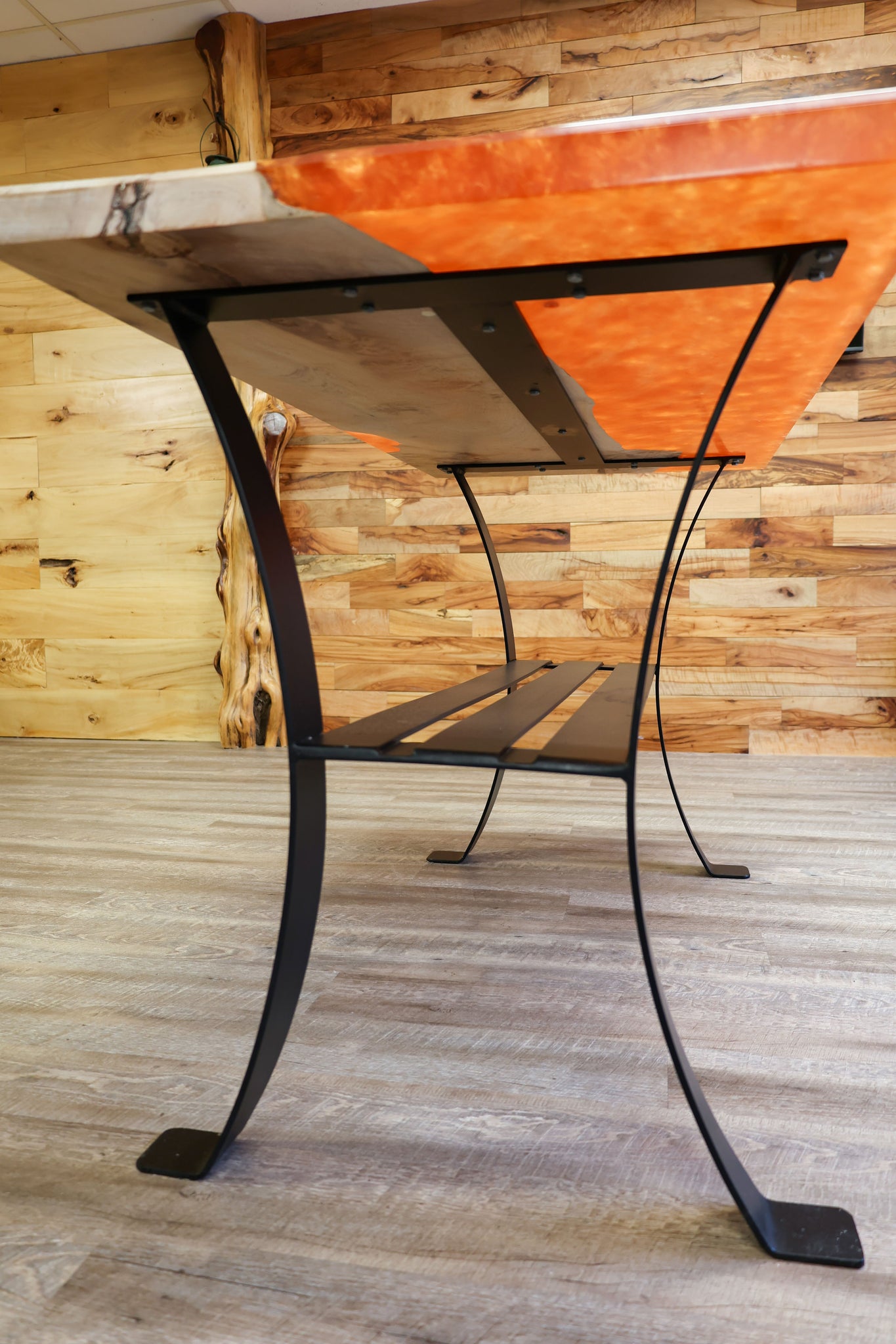Maple/Epoxy (Orange)Table with Rolled Black Flat Bar Base with shelf- Island - #87