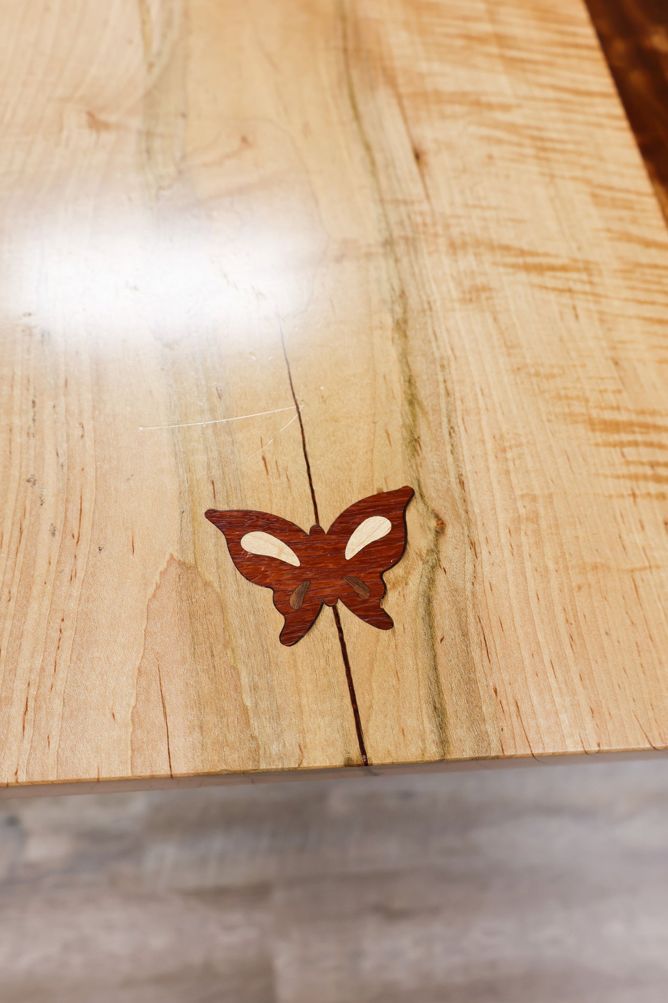 Maple/Rose Table with Butterfly Inlay with Black Rectangle Tubing Legs - #86