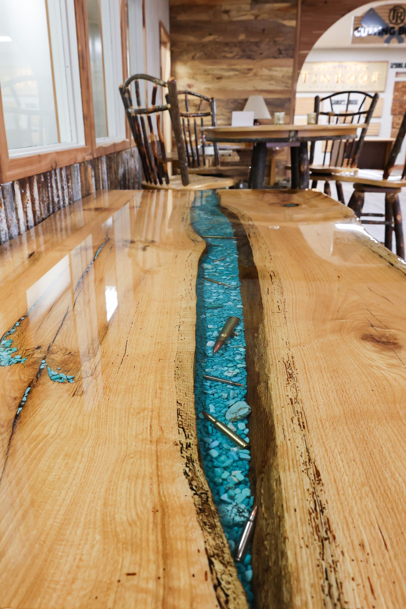 Oak River Table with Turquoise Rocks and Bullets - #66