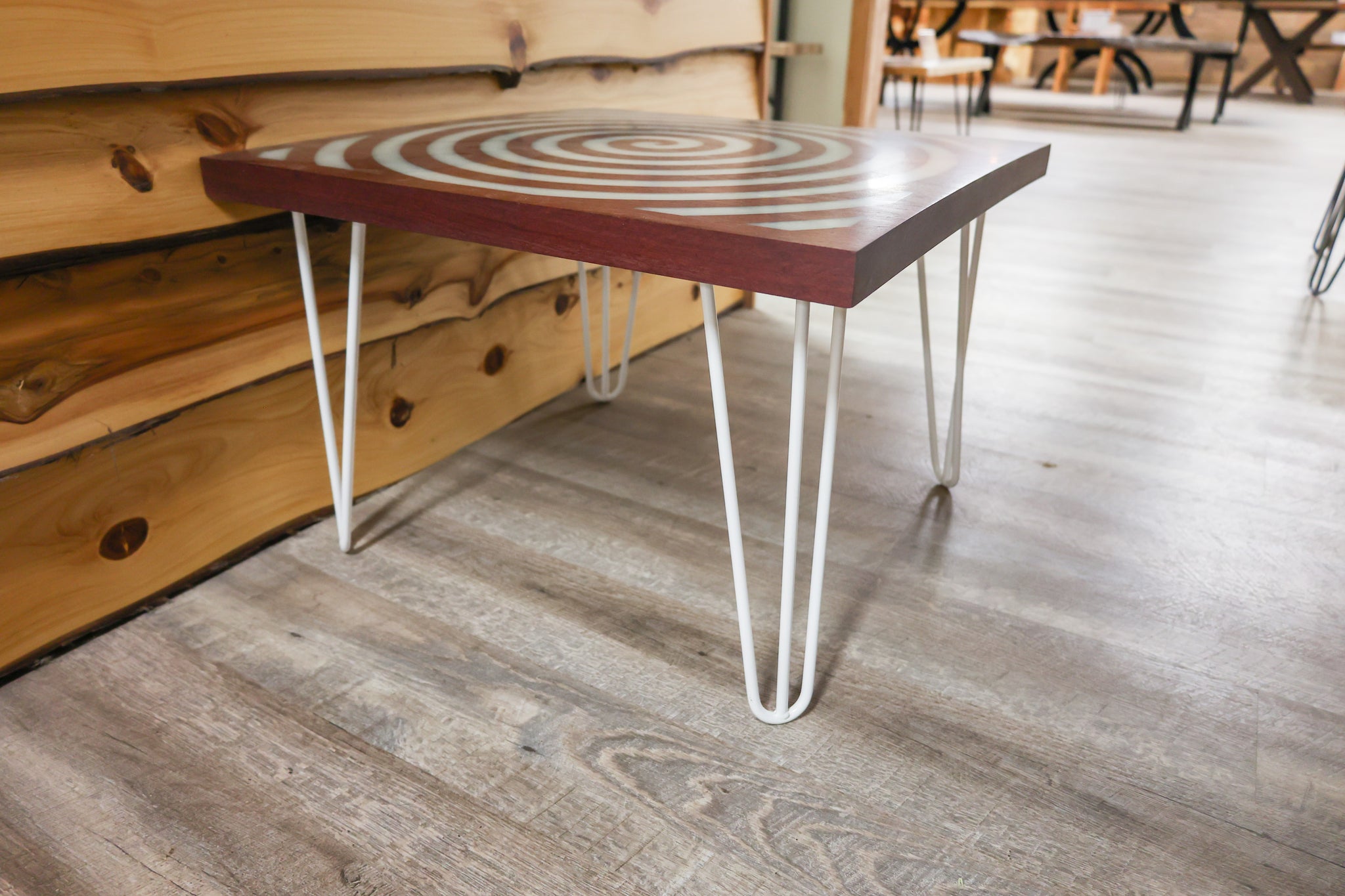 Purple Heart Spiral Table with White Hair Pin Legs - #94