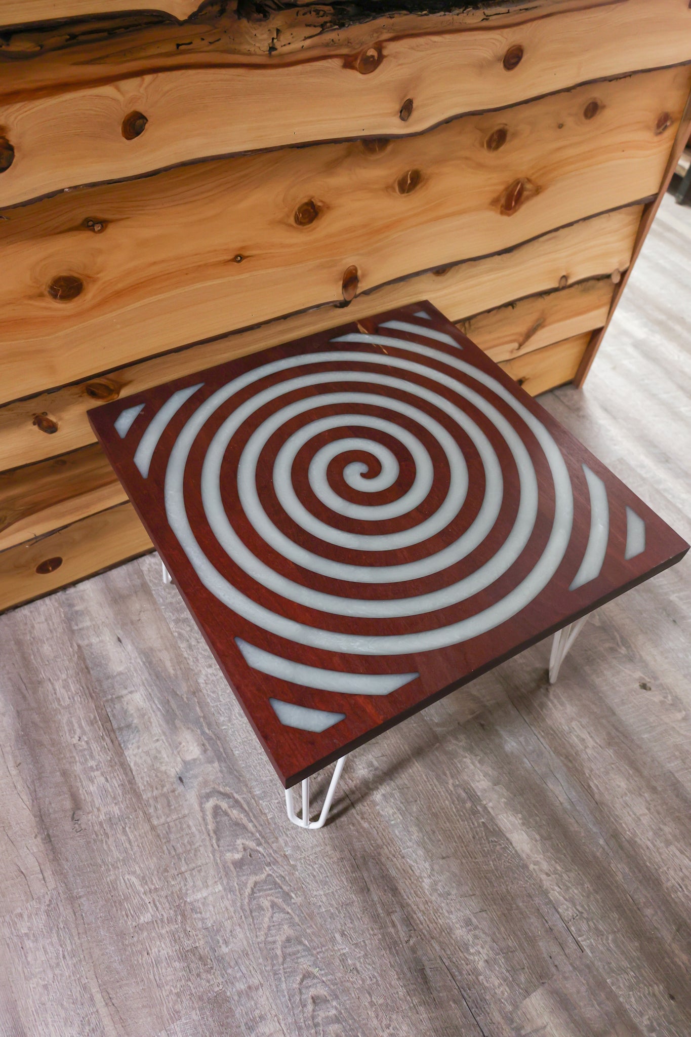 Purple Heart Spiral Table with White Hair Pin Legs - #94