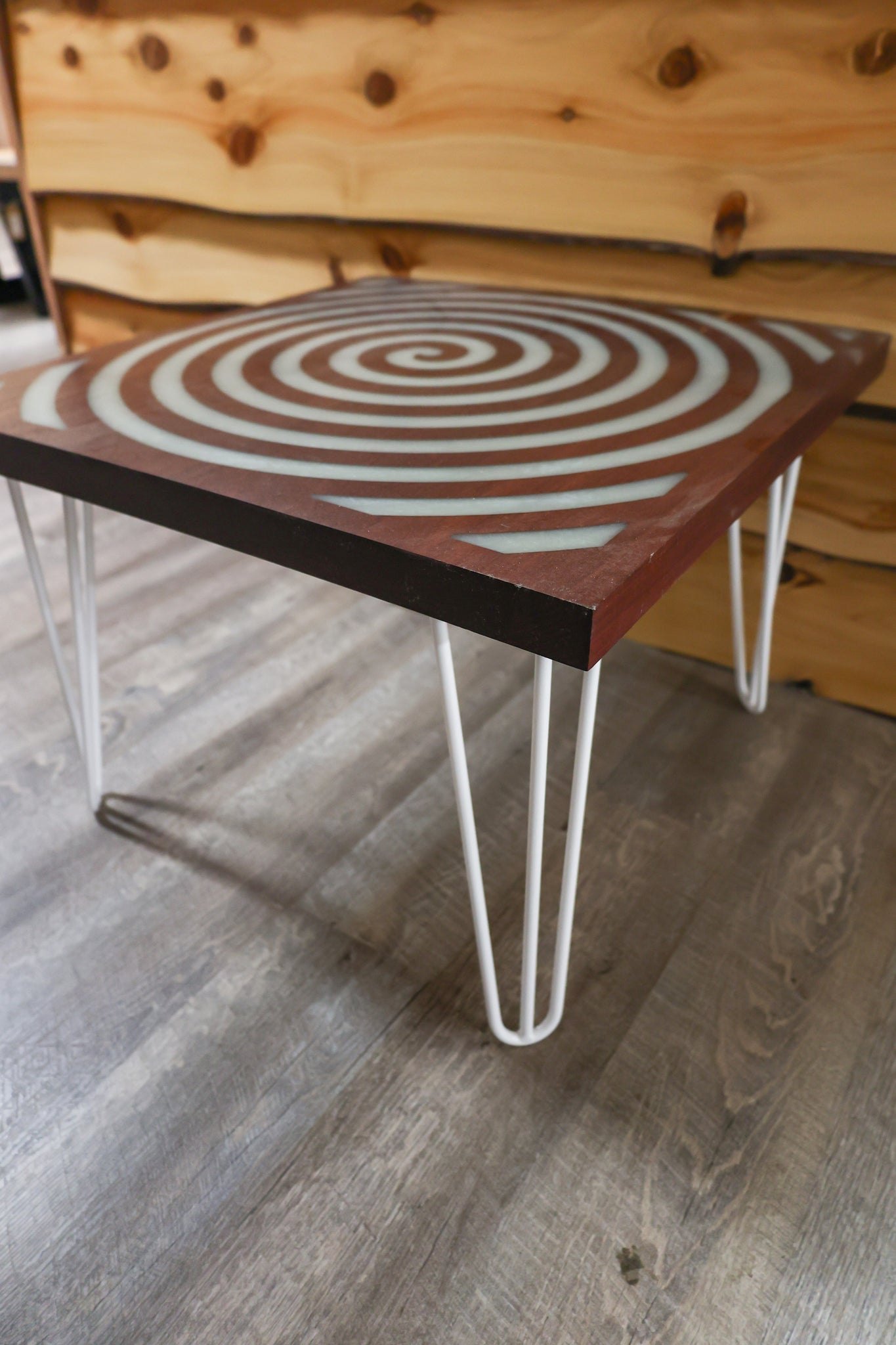 Purple Heart Spiral Table with White Hair Pin Legs - #94