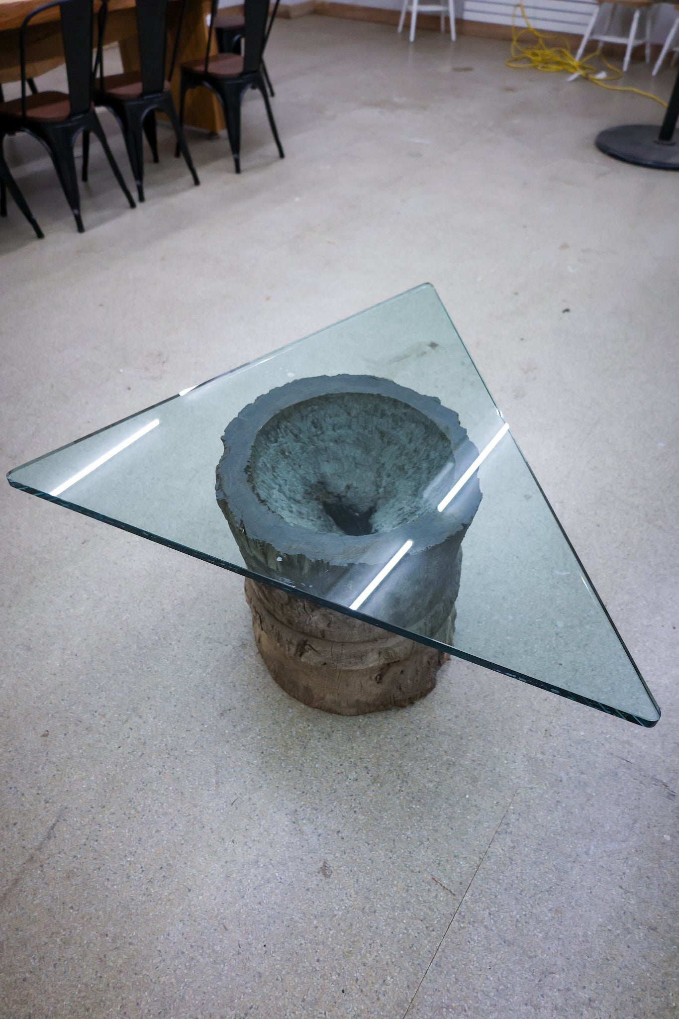 Triangle Shaped Glass Table with African Leadwood Pestle - #54