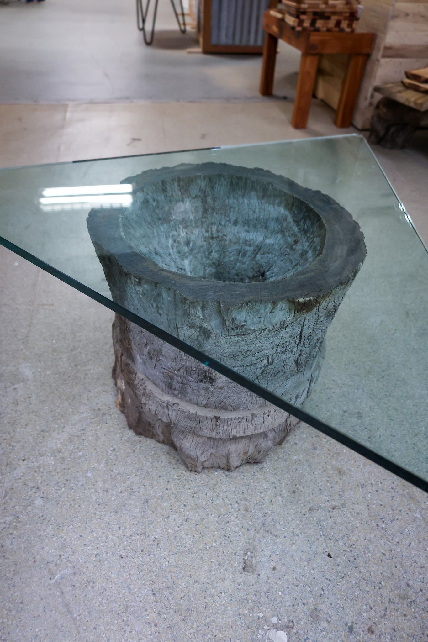 Triangle Shaped Glass Table with African Leadwood Pestle - #54