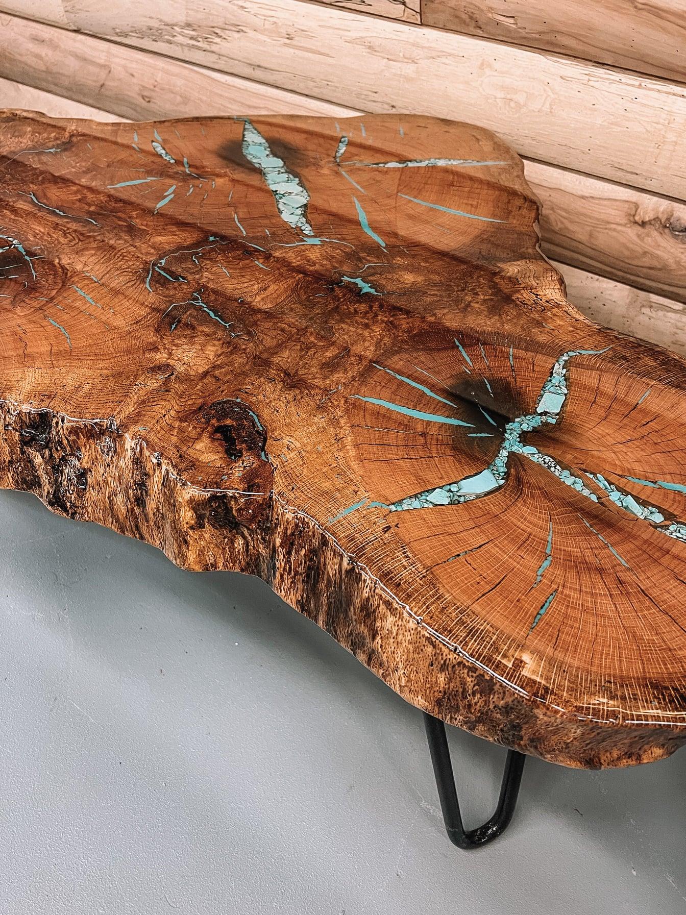Red Oak Coffee Table with Turquoise Inlay and Hair Pin Legs - Tin Roof Kitchen & Home