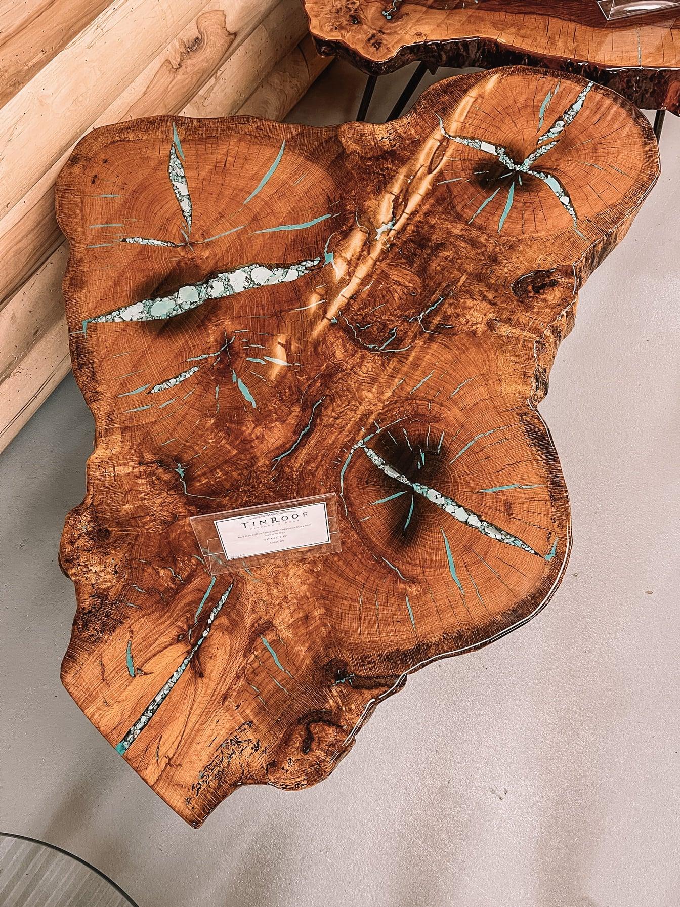 Red Oak Coffee Table with Turquoise Inlay and Hair Pin Legs - Tin Roof Kitchen & Home